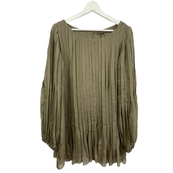 ANDY The-Ahn 100% Silk Pleated Olive Long Sleeved Tunic Size 10 - Picture 2 of 9